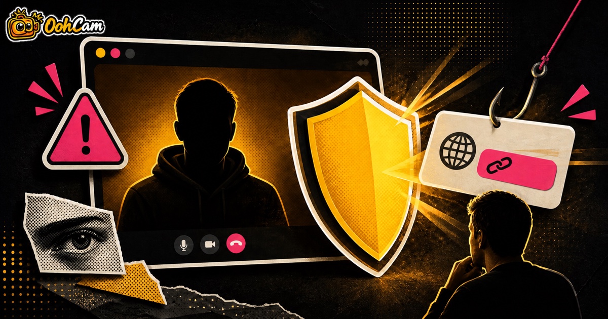 OohCam illustration of a shield blocking a suspicious link during a video call