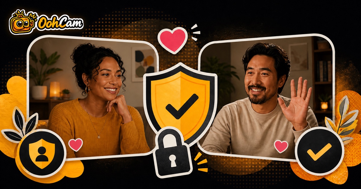 OohCam illustration of two adults having a respectful protected video conversation