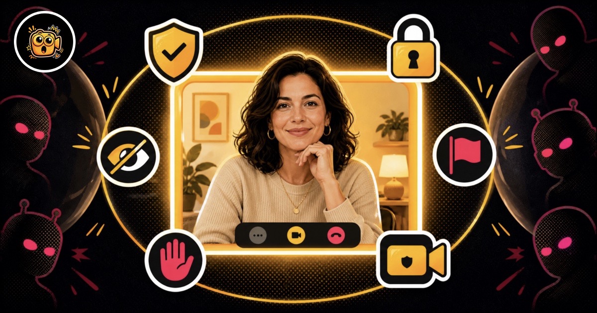 OohCam illustration of a video caller protected by privacy and moderation controls